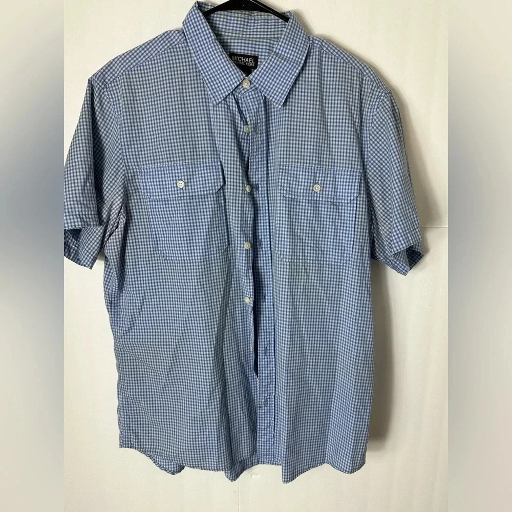 michael kors Men’s Short Sleeve Shirt Size L Blue Plaid